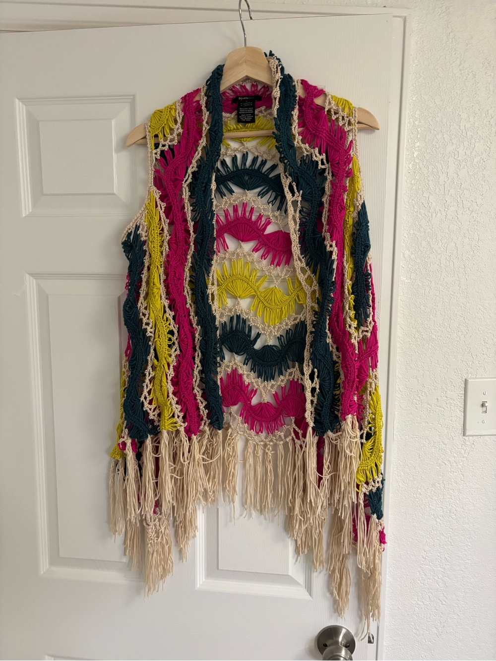 Double Zero Boho crochet fringe open-front multicolor vest featuring size S
